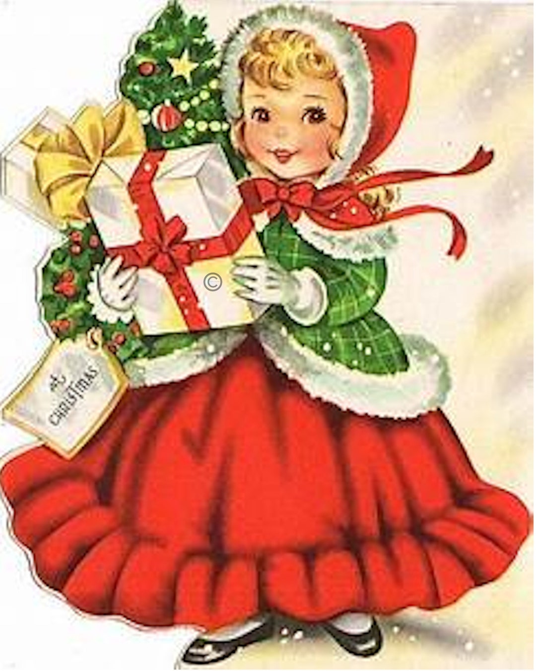 Vintage Christmas GIRL With PRESENTS and TREE Wall Art/scrapbook/tags