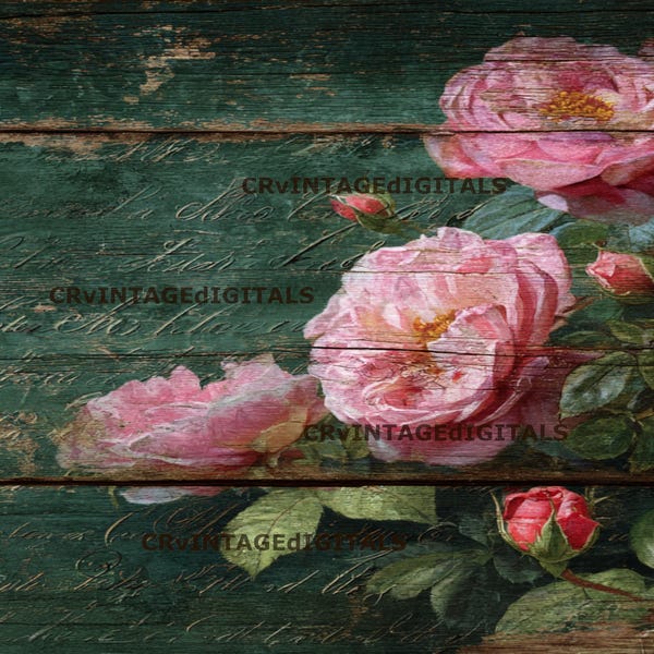 Farmhouse Large Vintage Rose's Distressed Green Barn Board Script, Shabby Chic Floral Decoupage Sheet Decoupage Rice Paper: A4 Craft Sheet