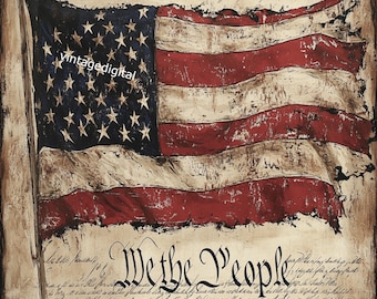Vintage Primitive Patriotic Flag "We the People" Decoupage Rice Paper A4: DIY Crafting