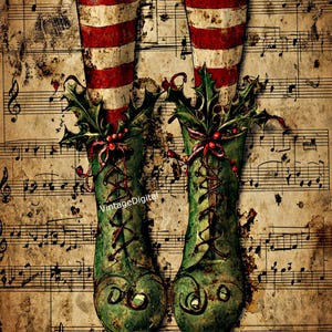 May include: A pair of green boots with red laces and holly sprigs. The boots are on a vintage sheet music background.