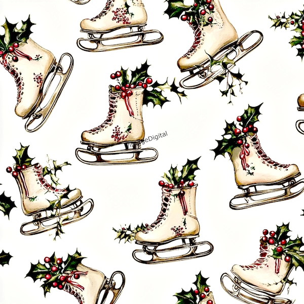 Vintage Ice Skates Christmas Wrapping Paper Digital Image wallpaper download printable