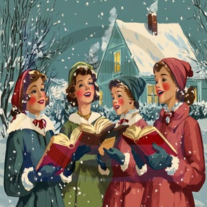 Vintage Retro Mid Century Style Christmas Caroler's Card/Tags/Wall Art Digital Download Stampabile