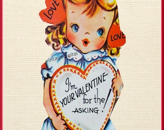 Immagine di biglietto di San Valentino vintage: ragazza retrò stampabile (download digitale)