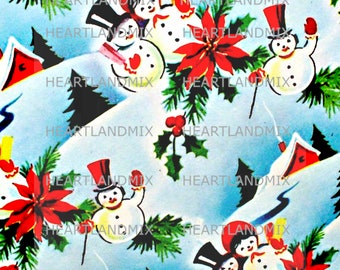 Snowmen Vintage Christmas Paper Digital Image Wallpaper Download Printable