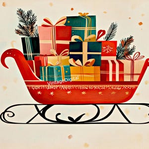 Vintage retro kerstslee vol cadeautjes digitaal beeld muurkunst/tags/kaarten/labels/transfers/plakboek Instant Download afdrukbare