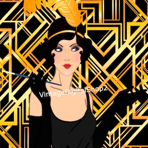 Vintage ROARING 20&#39;s FLAPPER Girl DIGITAL Image Art Deco Woman illustration