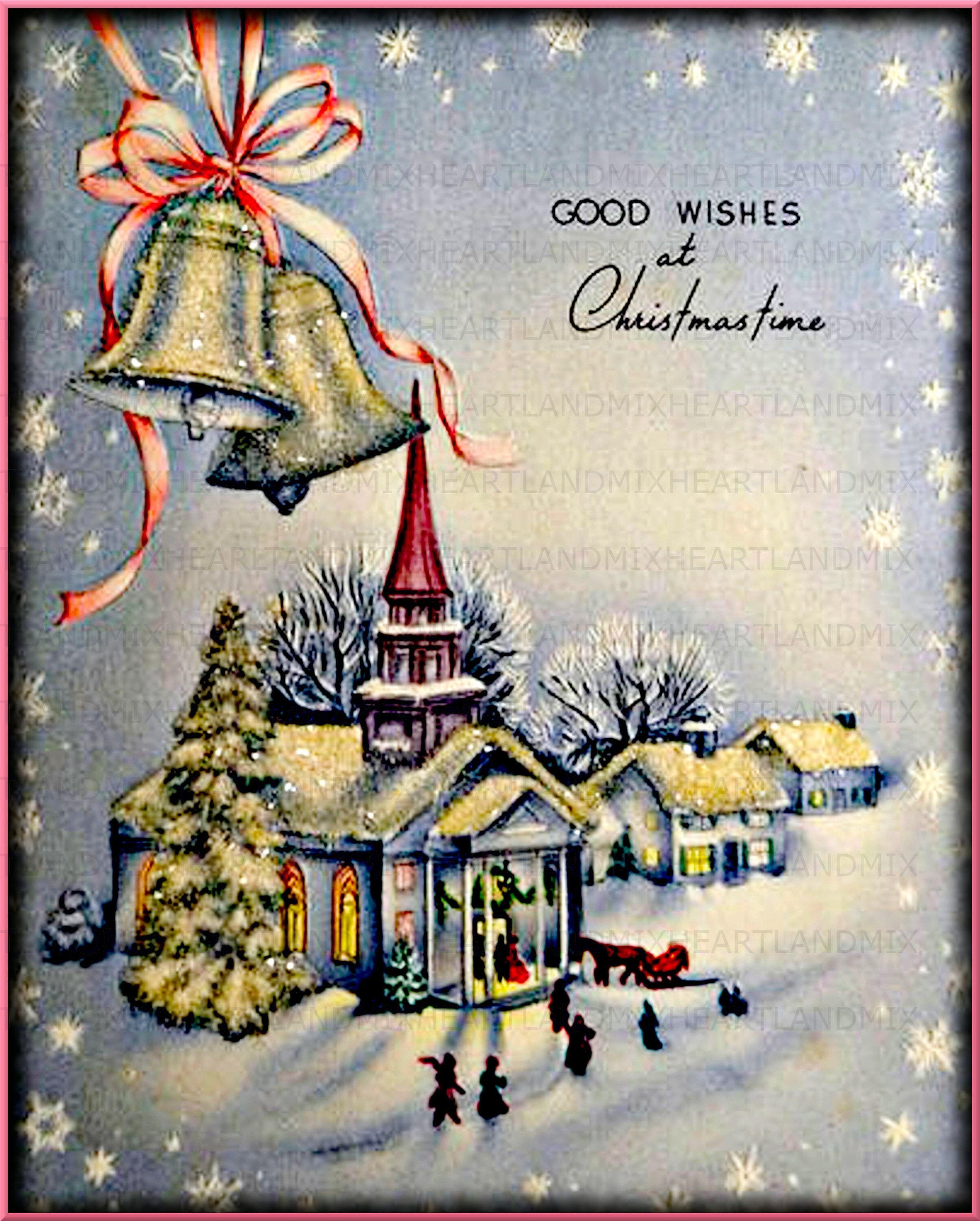 VTG CHRISTMAS CARD ART DECO PARCHMENT PAPER WINTER SCENE