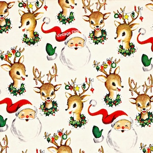 Santa and Reindeer Vintage Christmas Paper Digital Image Wallpaper Download Printable