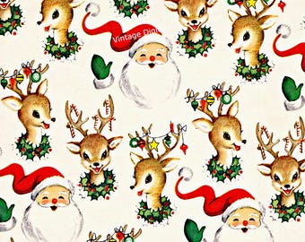 Santa and Reindeer Vintage Christmas Paper Digital Image Wallpaper Download Printable