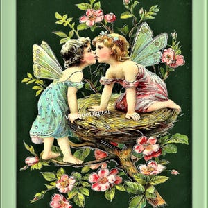 Vintage feeën op een nest zoenen digitale afbeelding grafische kunst download afdrukbaar