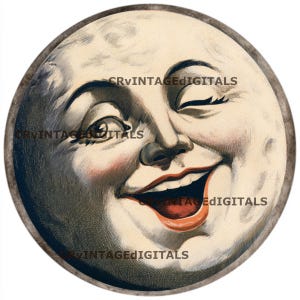 May include: A circular graphic print featuring a personified moon with a cream-colored face, a winking eye, and a wide, laughing mouth with red lips. The text CRVINTAGEDIGITALS is overlaid across the image in a dark brown, sans-serif font.