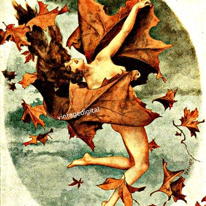 Vintage Herbst Blätter Lady Art Ephemera digitales Bild Kunst Download druckbare Tags Grußkarten