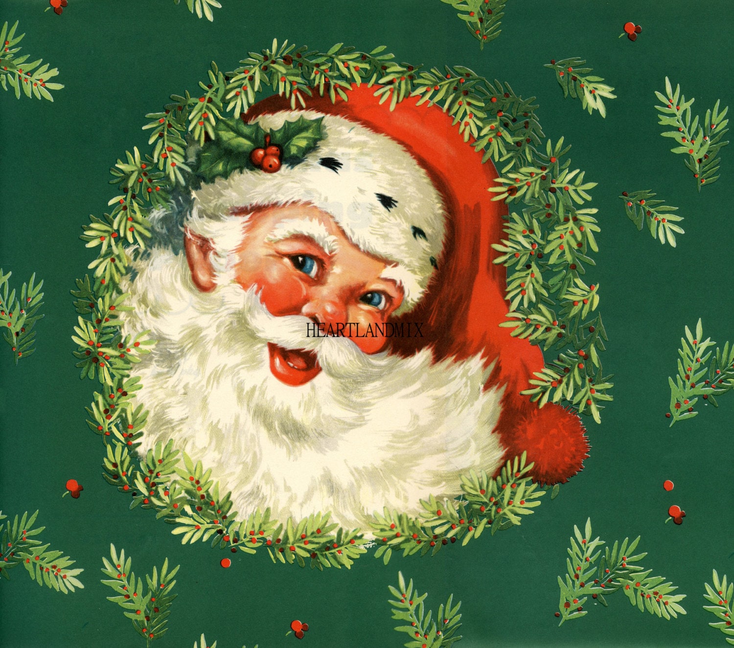 Vintage kerstman in een krans kerstmis digitale afbeelding | Etsy