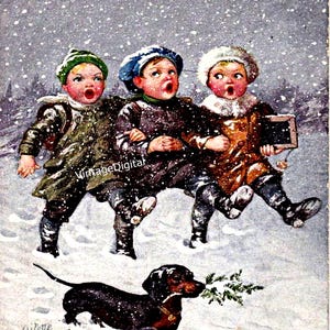 Vintage Christmas Image Digital Printable Download Three SCHOOL Boys with DOG Walking in SNOW