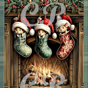 Vintage Christmas Farmhouse Primitive Mice in Stockings by the Fireplace Digital Download Printable Decoupage, Scrapbooking, Labels, Tags