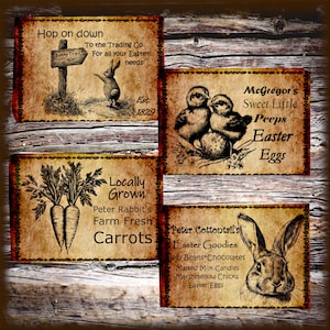 Puede incluir: Cuatro etiquetas vintage de temática pascual con ilustraciones y texto. La etiqueta superior izquierda dice "Hop on down to the Trading Co. For all your Easter needs." La etiqueta superior derecha dice "McGregor's Sweet Little Peeps Easter Eggs". La etiqueta inferior izquierda dice "Locally Grown Peter Rabbit's Farm Fresh Carrots". La etiqueta inferior derecha dice "Peter Cottontail's Easter Goodies Jelly Beans*Chocolates Malted Milk Candies Marshmellow Chicks Easter Eggs".