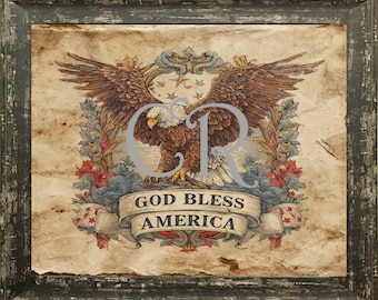 Vintage Americana Eagle GOD BLESS AMERICA obraz cyfrowy Pobierz do druku