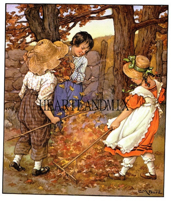 Fall Raking Leaves Vintage Digital Image Download Printable