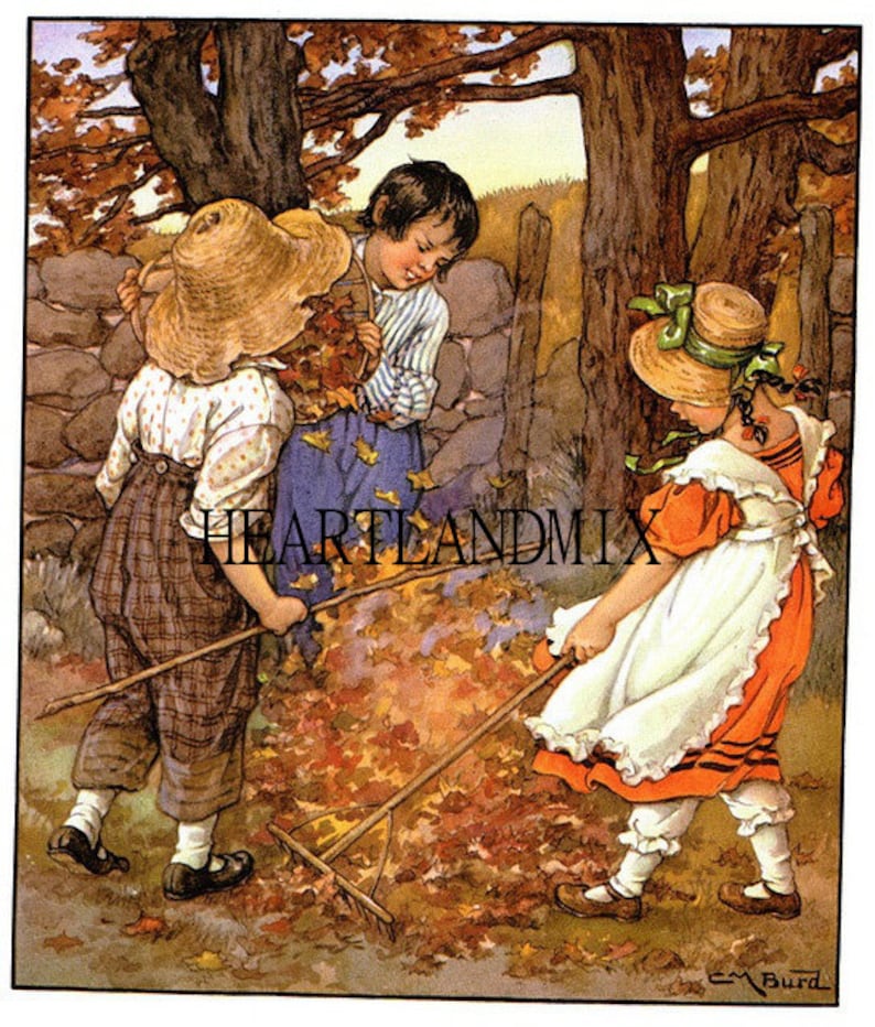 Fall Raking Leaves Vintage Digital Image Download Printable Etsy