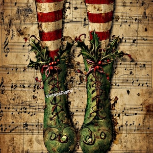 May include: A pair of green boots with red laces and holly sprigs. The boots are on a vintage sheet music background.