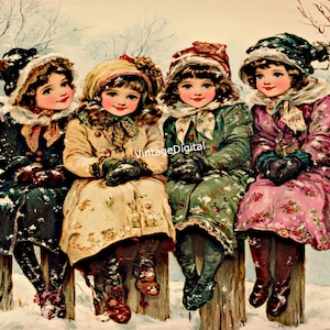 Vintage Victoriaanse kerstafbeelding digitale download afdrukbare meisjes zitten op hek