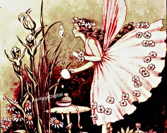 Vintage Digital Graphic Image Download Printable Pink Fairy