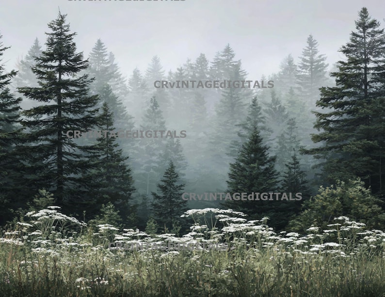May include: A misty forest scene with tall evergreen trees and a foreground of white wildflowers. The image has a muted color palette, with shades of green, gray, and white. The text "CRVINTAGEDIGITALS" is visible in the image.