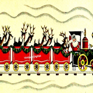 Tarjetas/Etiquetas/Logotipos/Decoupage/Arte de pared/Álbum de recortes/Etiquetas de tren de Papá Noel y renos vintage tan lindas, imagen digital descargable e imprimible