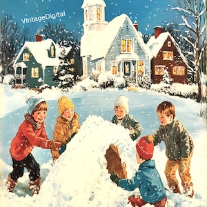May include: Five children build a snow fort in front of a snowy, wintery town. The children are wearing winter clothing and are smiling. The town has houses with snow-covered roofs and a church steeple.
