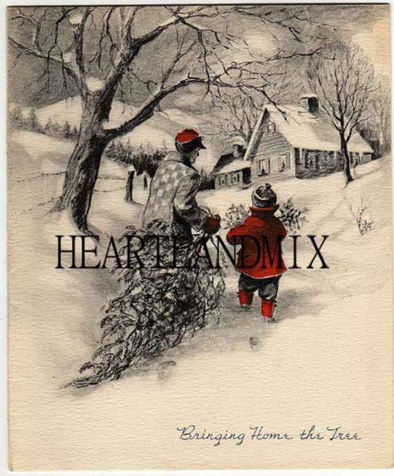 Antique Vintage Bringing Home The Tree Christmas Wall Art Etsy