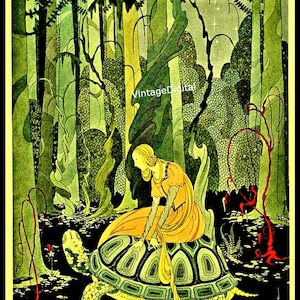 May include: A woman with long blonde hair sits on a large green turtle in a dark green forest. The turtle has a green and black shell with a pattern of squares. The woman is wearing a yellow dress and a red sash. The forest is filled with tall trees and vines.