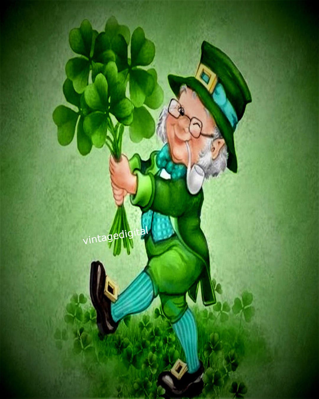 Ramo de trébol de cuatro hojas con duende del Día de San Patricio