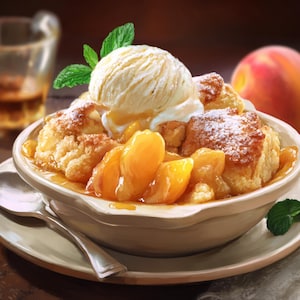 Puede incluir: Un cuenco de pastel de durazno cubierto con helado de vainilla y hojas de menta. El pastel tiene una corteza dorada y se sirve en un cuenco beige sobre un plato blanco con una cuchara plateada. Un durazno es visible en el fondo.