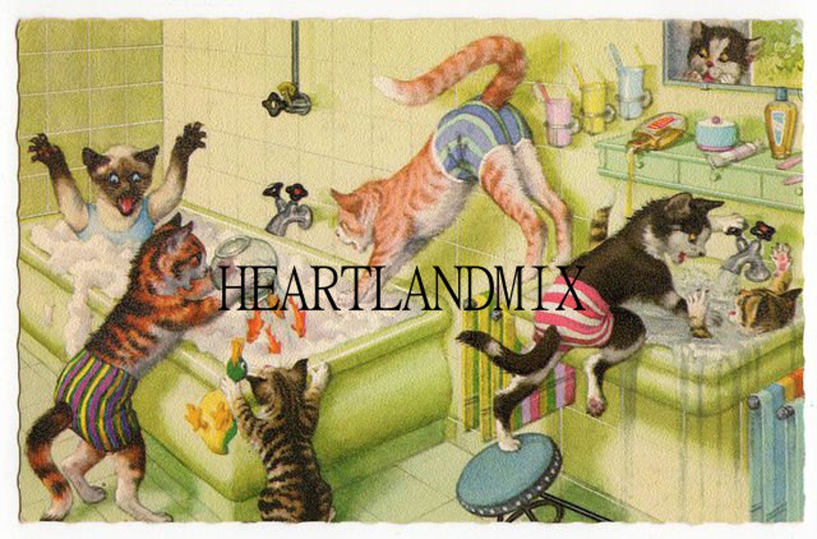 Vintage Bath Time Fun Illustration Digital Image Cats Digital Etsy