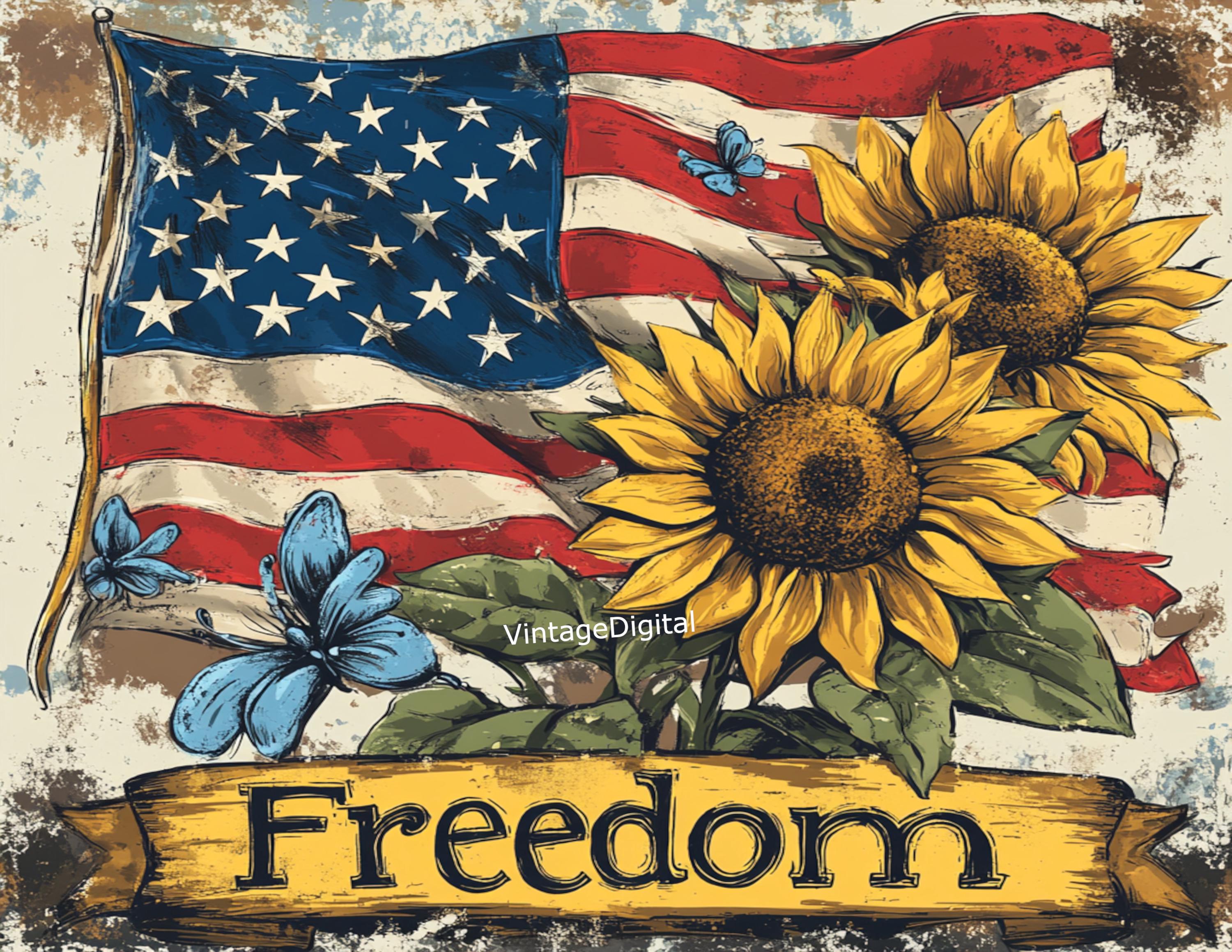 FOUR Patriotic Freedom Flag Printable: Vintage Farmhouse Decor (instant ...