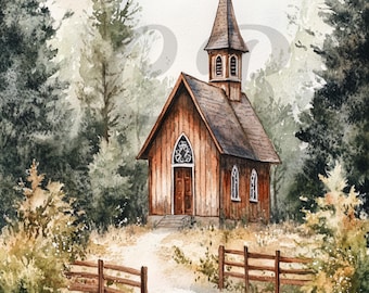 Vintage Church in the Valley Digital Image Download Printable