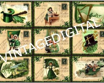 Set of 9 St. Patricks Day Tags Vintage Postcards Download Printable Scrap booking