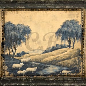 Imagen imprimible digital de ovejas pastoriles azules coloniales enmarcadas de estilo rústico vintage. Arte de pared con etiquetas, transferencias y decoupage.