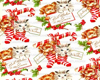 Kittens with Puppies in Stockings Vintage Printable Christmas Wrapping Paper Digital Image