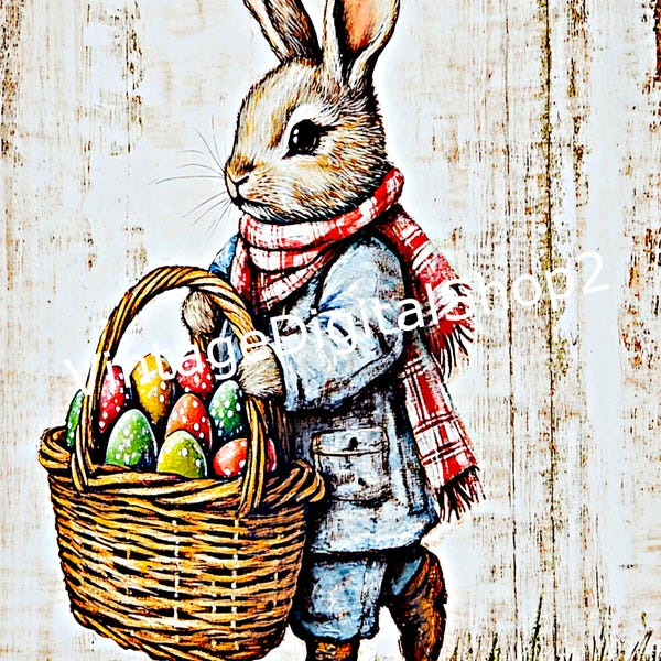 Vintage Easter Bunny Art: Printable Rabbit with Egg Basket (Digital Download)