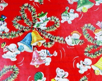 Christmas Paper Vintage Digital Image Wallpaper Download Printable Baby Snowmen and Bells