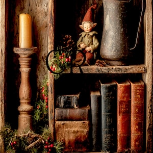 May include: A rustic wooden shelf displays a tall candle, a decorative elf figurine, and an aged metal pitcher. The shelf also holds several antique books, pinecones, and festive greenery with red berries, creating a cozy, vintage aesthetic.