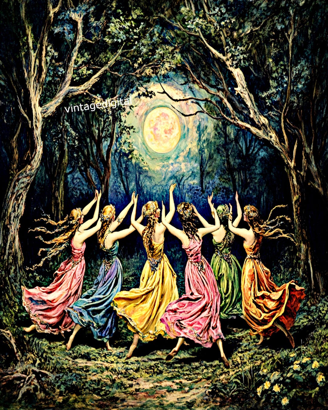 Vintage Nymphs Dancing in Moonlight Art Print (digital Download) - Etsy