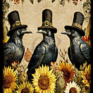 Vintage Primitive Colonial Folk Art Fall Ravens Digital Image Download Printable Decoupage, Wall Art, Scrapbook, Journal Pages, Tag, Label