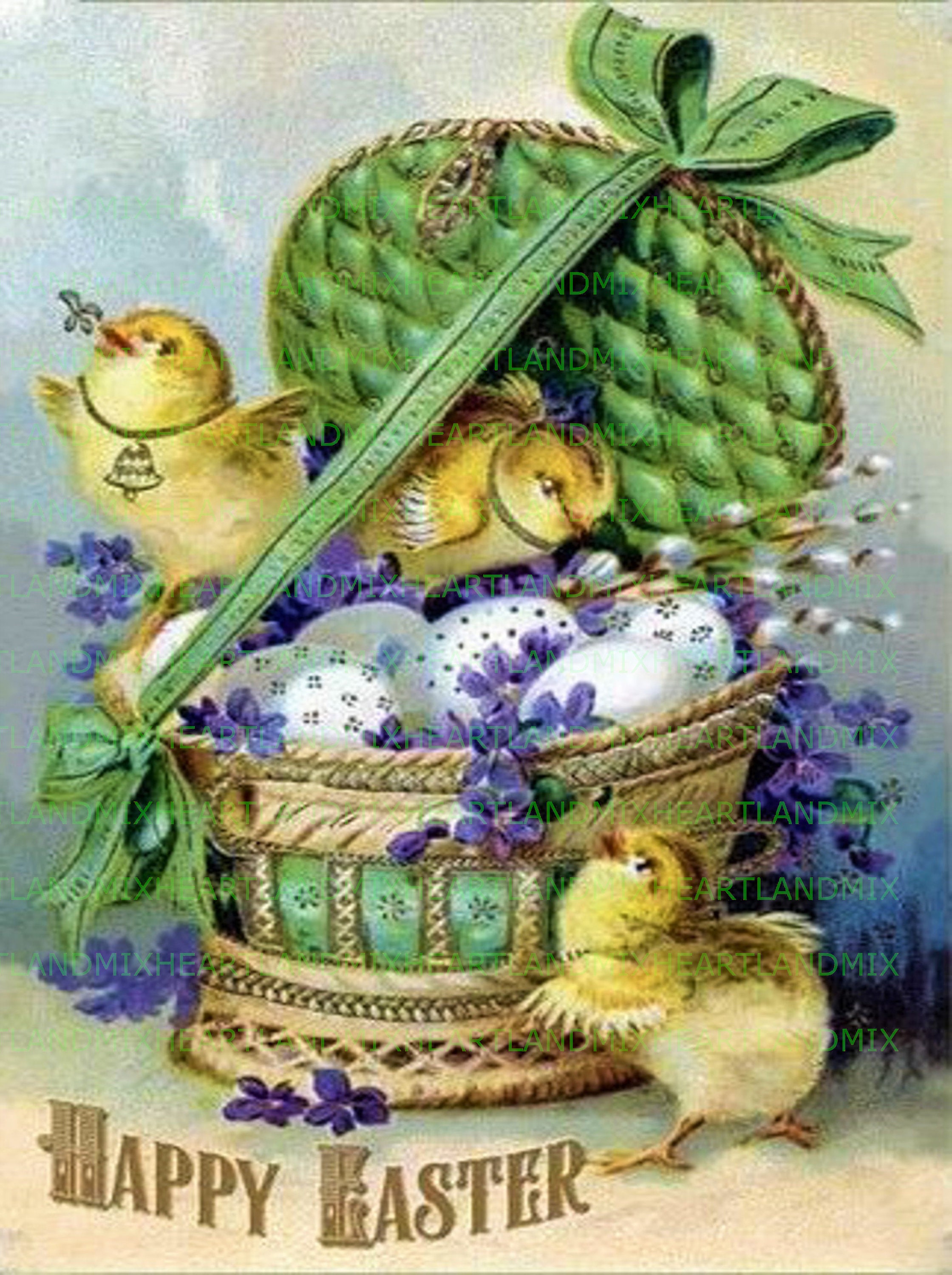 ヴィンテージイースターバスケットのひよこのポストカードデジタル画像