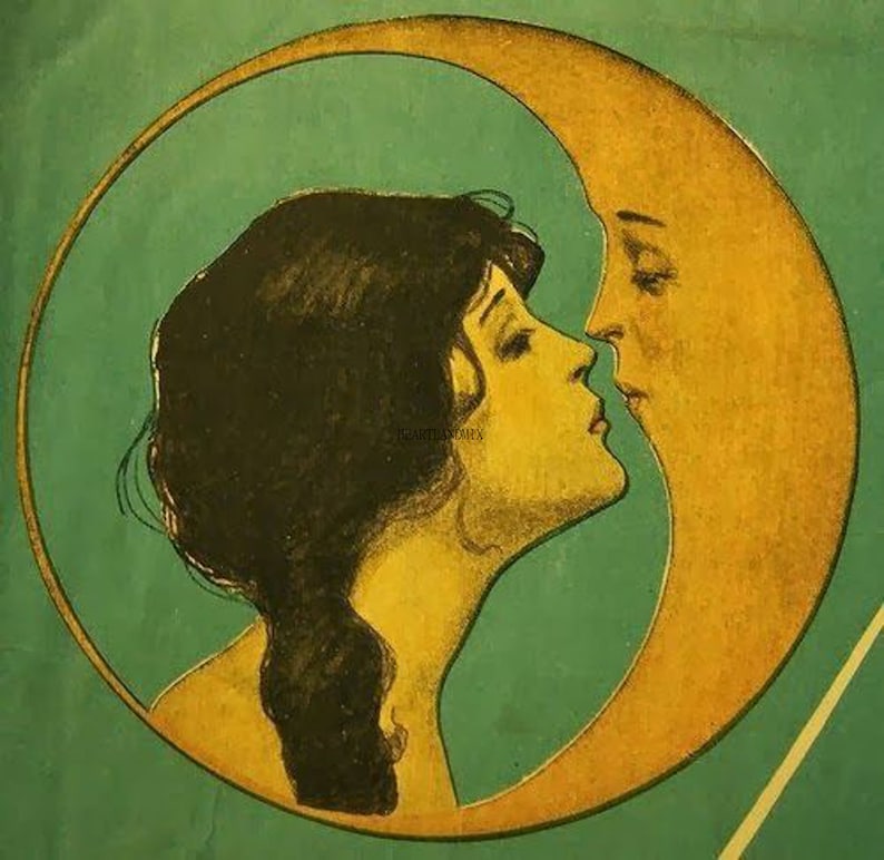 Antique Vintage Digital Wall Art Image Download Printable Woman Kissing the Moon 