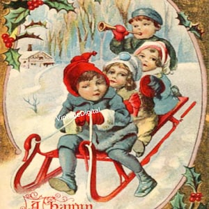 Vintage Victorian Children SLEDDING Christmas Winter Wall Art Image DIGITAL Instant Download Printable