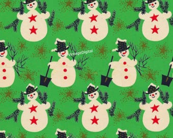 May include: A green and white repeating pattern of snowmen holding shovels. The snowmen are wearing black hats and have red buttons. The background is green with white stars and brown pine branches.