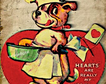 Immagine artistica stampabile scaricabile con il cane da caccia vintage di San Valentino