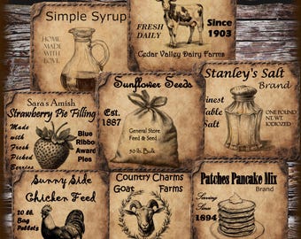 Vintage Farmhouse Primitive Pantry Labels Digital Image Download Printable ~ Set of 8